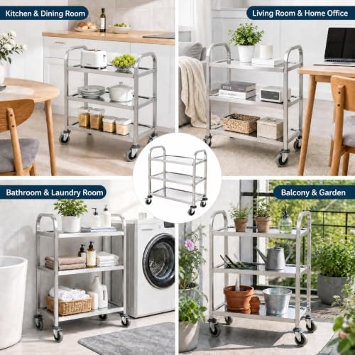 Metal 3 Tier Utility Cart Kitchen Trolley Catering Storage Cart with Universal Wheels Easy to Assemble& Move for Kitchen Restaurant Hotel Cafe Home