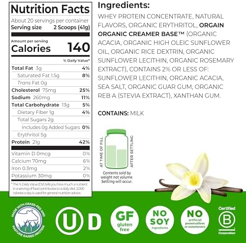 Orgain 21g Grass-Fed Whey Protein Powder, 5g BCAAs, Chocolate, 1.82lb | Dairy protein, 5g BCAAs, 4g prebiotic fiber, no sugar added, no added hormones, gluten free, kosher, for shakes & smoothies