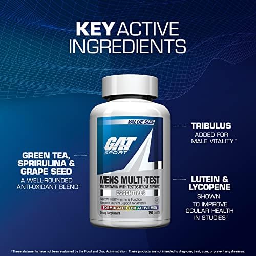 GAT SPORT Men's Multi Plus Test, 150 Tablets (75 Servings) | Men's Multivitamin with Tribulus, Vitamin B12, Zinc, ALA for Testosterone Support