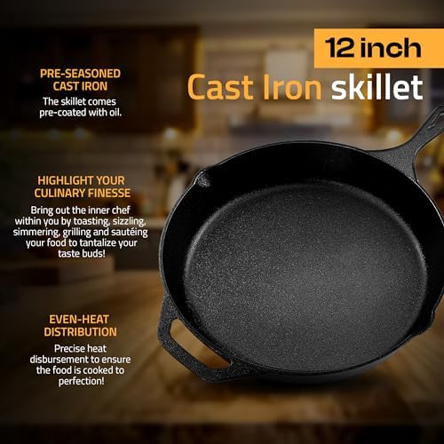 Utopia Kitchen Cast Iron Skillet 12 Inch Pre-Seasoned PFAS-Free Black | Chef Pan, Even Heat Distribution, Stovetop, Oven, Campfire and Grill Safe, Large Skillet, Indoor Outdoor Use
