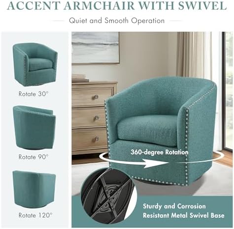 Madison Park Swivel Barrel Accent Chair, Upholstered Curved Back with 7-Inch Thick Woven Cushion, 360° Swivel, Nailhead Trim, Comfy Chair for Living Room, Bedroom, Office, 28" Wide, Neutral, Tyler