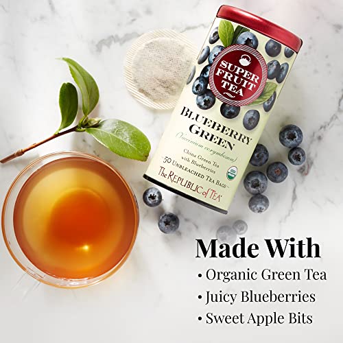 The Republic of Tea SuperFruit Blueberry Green Tea, Low Caffeine, 50 Count | A gentle cup for everyday sipping. Fresh with notes of juicy fruit and sweet-tart apple.
