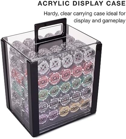 Brybelly Poker Chips 1000 Chips Set with Acrylic Case - Heavyweight 14g Poker Chips Set with 10 Removable Trays and 11" x 12" x 15" Portable Case