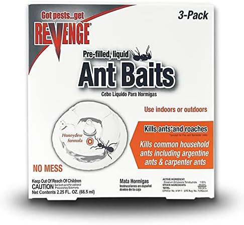 REVENGE Pack of 3 Liquid Ant Bait Stations, Ready-to-Use Indoors & Outdoors, Kills Ants & Roaches, No Mess Trap