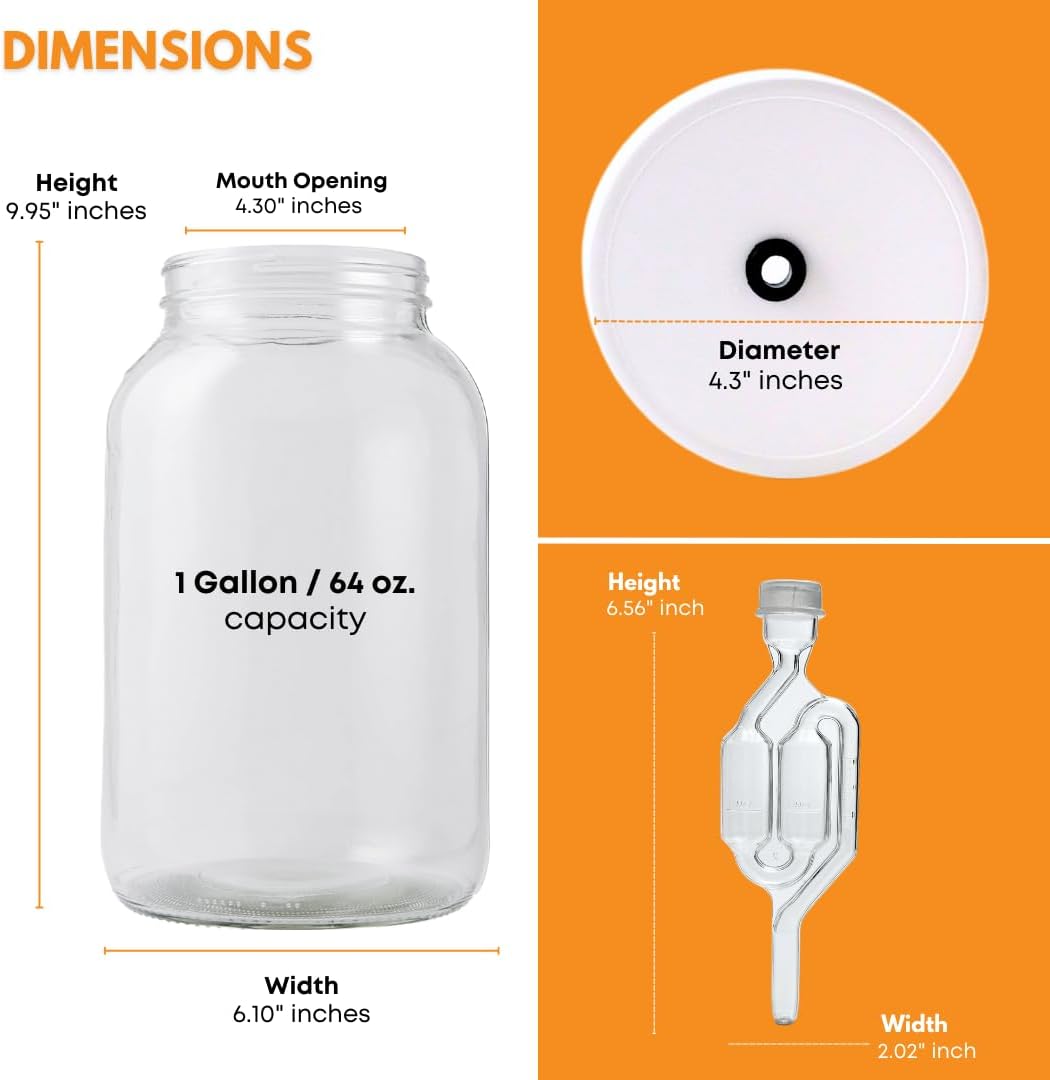 2-Pack 1 Gallon Glass Jar with Lid | Wide Mouth Twin Bubble Airlock Set | Heavy-duty Glass Jars with Airtight Lid for kombucha