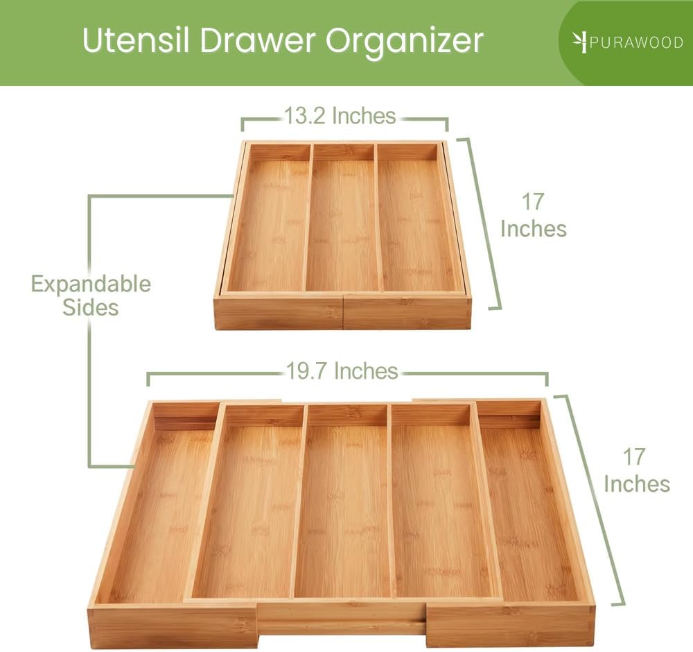 Purawood Kitchen Drawer Organizer - Expandable Utensil Drawer Organizer for Kitchen, Cutlery Tray & Silverware Organizer