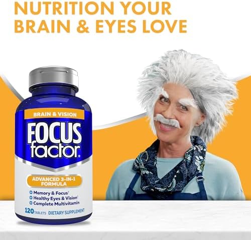Focus Factor Adults Brain and Vision Supplement, 120 Count - Eye Vitamin, Mineral Supplement & Complete Multivitamin w/Lutein & Zeaxanthin – Brain Supplement for Focus, Concentration, Memory