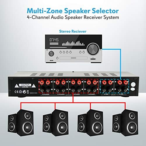 Pyle 4 Channel Speaker Selector Switch - Multi Zone A B Speaker Distribution Controller Box w/Independent Audio Source Volume Control