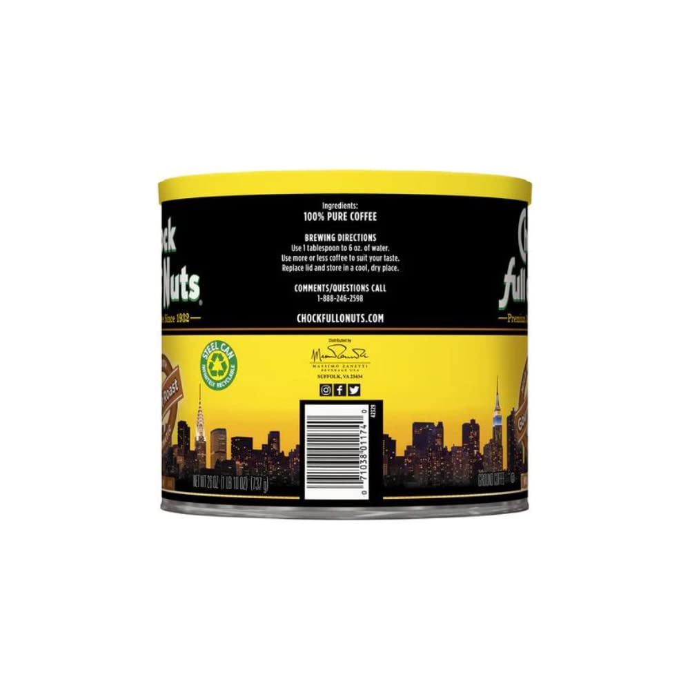 Chock Full o' Nuts French Roast Ground Coffee – Premium Beans in Recyclable Steel Can – Rich Flavor & Aroma, Dark Roast – Perfect for Drip, Pour-Over, Percolator – 26 Oz Can