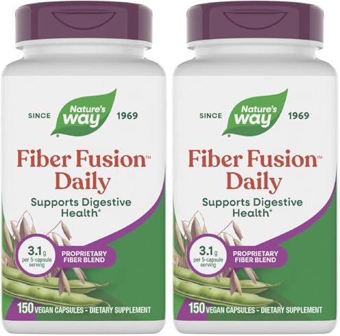 Nature's Way Fiber Fusion Daily Capsules, Digestive Health Support*, 150 ct | 3.1 g per Serving, Proprietary Fiber Blend, Psyllium Husk Capsules with Oat Bran, Guar Gum, Pectin, Vegan
