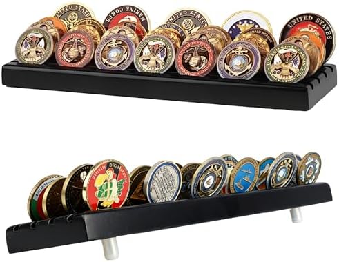DisplayGifts Challenge Coin Display Stand 4 Row Wooden Holder Rack Case Holds 28 Coins Walnut Finish
