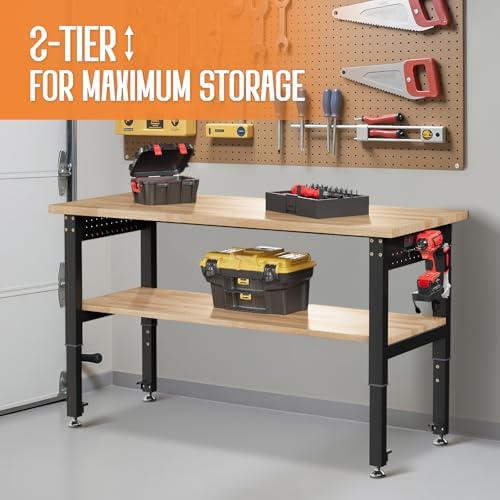 Albott 48" Adjustable 2-Tier Workbench with Solid Wood Top, Max 2500lbs Capacity, Built-in Power Strip with 4 AC Outlets & 2 USB Ports
