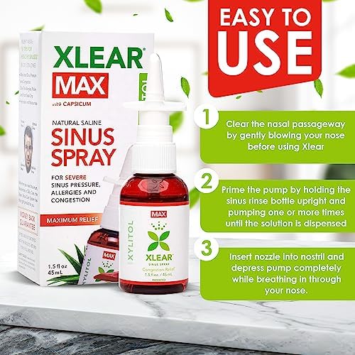 Xlear Max Natural Nasal Spray with Xylitol, 1.5 fl oz (Pack of 4) | Strong Formula with Capsicum and Aloe Vera for Servere Sinus Pressure Relief, Nasal Decongestant, Headache, Dry Nose
