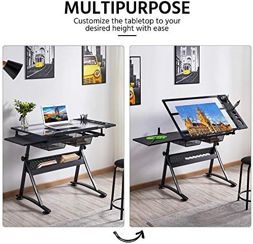 Yaheetech Drawing Table, Art Craft Desk with Adjustable Tabletop, Painters/Artist Work Station, Study Table with Stool, Tempered Glass Top