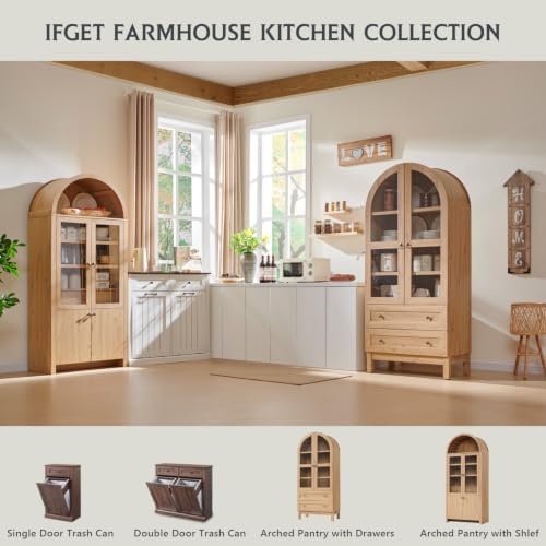 IFGET 71" Tall Arched Kitchen Pantry, Modern Farmhouse Wood Kitchens Storage Cabinets with 2 Large Drawers and Adjustable Shelves, Versatile Cupboard for Kitchen, Dining Room, Bathroom, Natrual