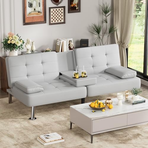 JUMMICO Faux Leather Futon Sofa Bed, Sleeper Sofa with Adjustable Backrest