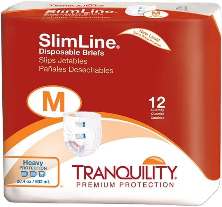 Tranquility Slimline Original Adult Disposable Brief, Adult X-Small, Incontinence Care with a Slimmer Fit, Peach Mat Core & Kufguard Technology for Max Comfort, Latex-Free, 10.9oz Capacity, 100ct Case