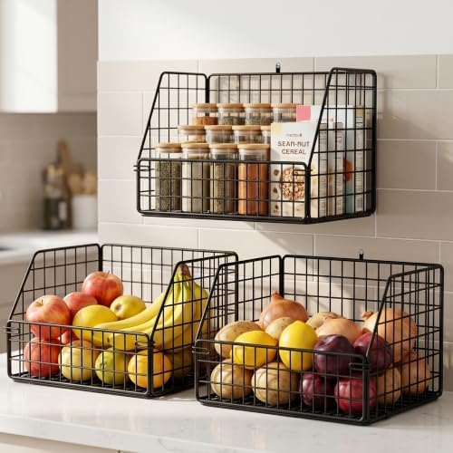 3x Stackable Hanging and Counter Baskets, Hanging Fruit Baskets for Kitchen