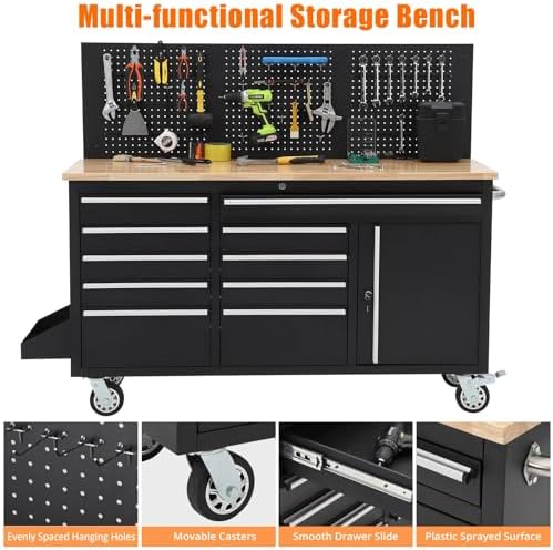 61-Inch Rolling Tool Chest with 10 Drawers & Power Strip, Solid Rubber Wood Top, 1675 LBS Load Heavy Duty Mobile Workstation, Locking System and Drawer Liners for Garage Warehouse Shop, Black