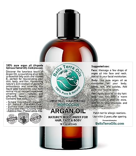 Bella Terra Oils - Argan Oil 2 oz - Cold-Pressed from Morocco, Rich in Vitamin E & Fatty Acids, Perfect Hair Oil Serum to Combat Frizz, Luxurious Face Oil