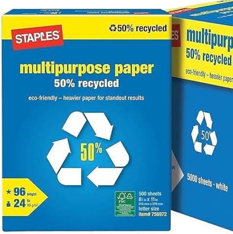 Staples 100% Recycled Printer Paper Bright White Copy/Fax/Laser/Inkjet, 500 Sheets