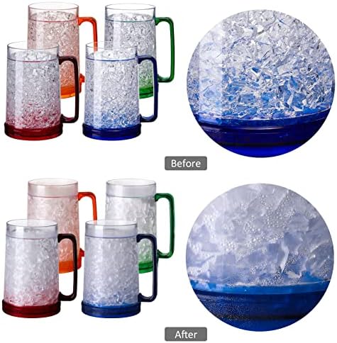 Double Wall Gel Frosty Freezer Ice Mugs Clear 16oz Set of 4 (Blue, Red, Orange and Green)