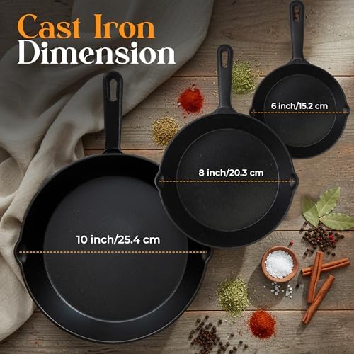 Utopia Kitchen Cast Iron Skillet Set 3 Piece 6 8 10 Inch PFAS-Free Black | Chef Pan, Even Heat Distribution, Stovetop, Campfire and Grill Safe, Large Skillet Set, Indoor Outdoor Use