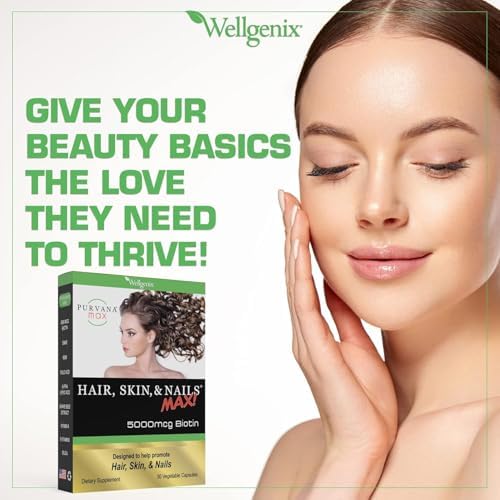 Wellgenix Purvana MAX Hair Skin and Nails Supplement – 5000mcg Biotin with MSM & B-Complex – Support for Thicker Hair, Stronger Nails & Glowing Skin – 30 Veggie Capsules | Biotin, MSM & hyaluronic acid in vegetable capsules for thicker, fuller hair, stro…