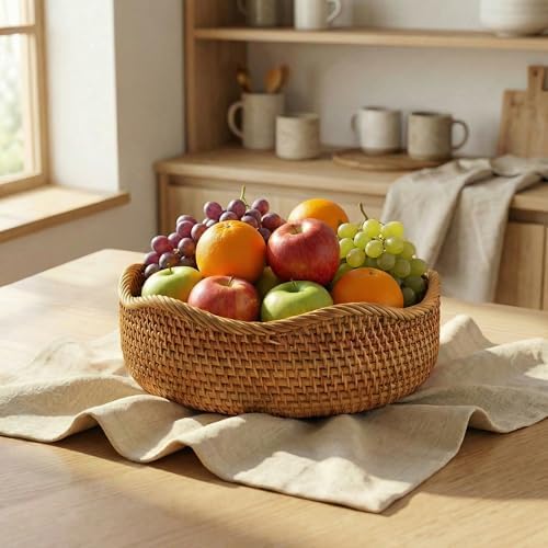 YANGQIHOME Rattan Bread Basket, Round Fruit Baskets, Wicker Storage Bowls, Natural Woven Serving Basket Bowls