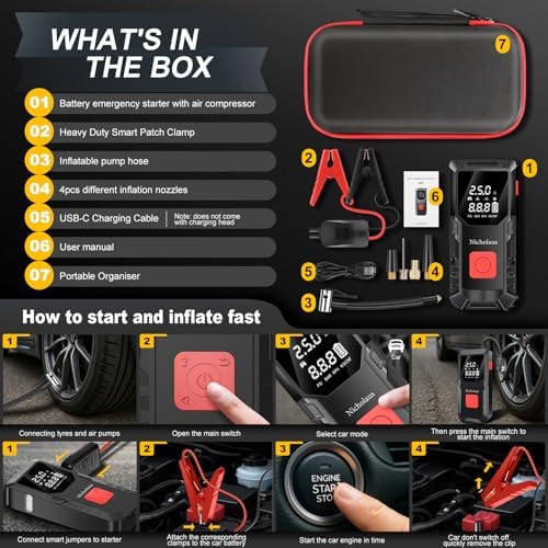 12 V Car 8000 mAh Battery Jump Starter 2800A with 150psI Air Compressor, Compact and Practical Edition QB08L Safe Smart