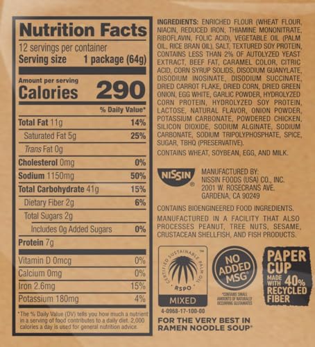 Nissin Cup Noodles Soup, Beef Flavor, Microwaveable Paper Cups, Instant Ramen, 2.25 Ounce (Pack of 12) | Instant Ramen Noodle Soup