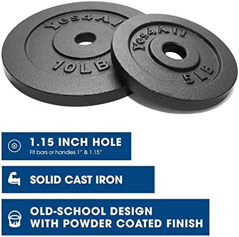 Yes4All Cast Iron Weight Plates, 1.15-Inch Standard Hole Weight Plate Set of 4 & 8, Fits Dumbbell Handles for Strength Training