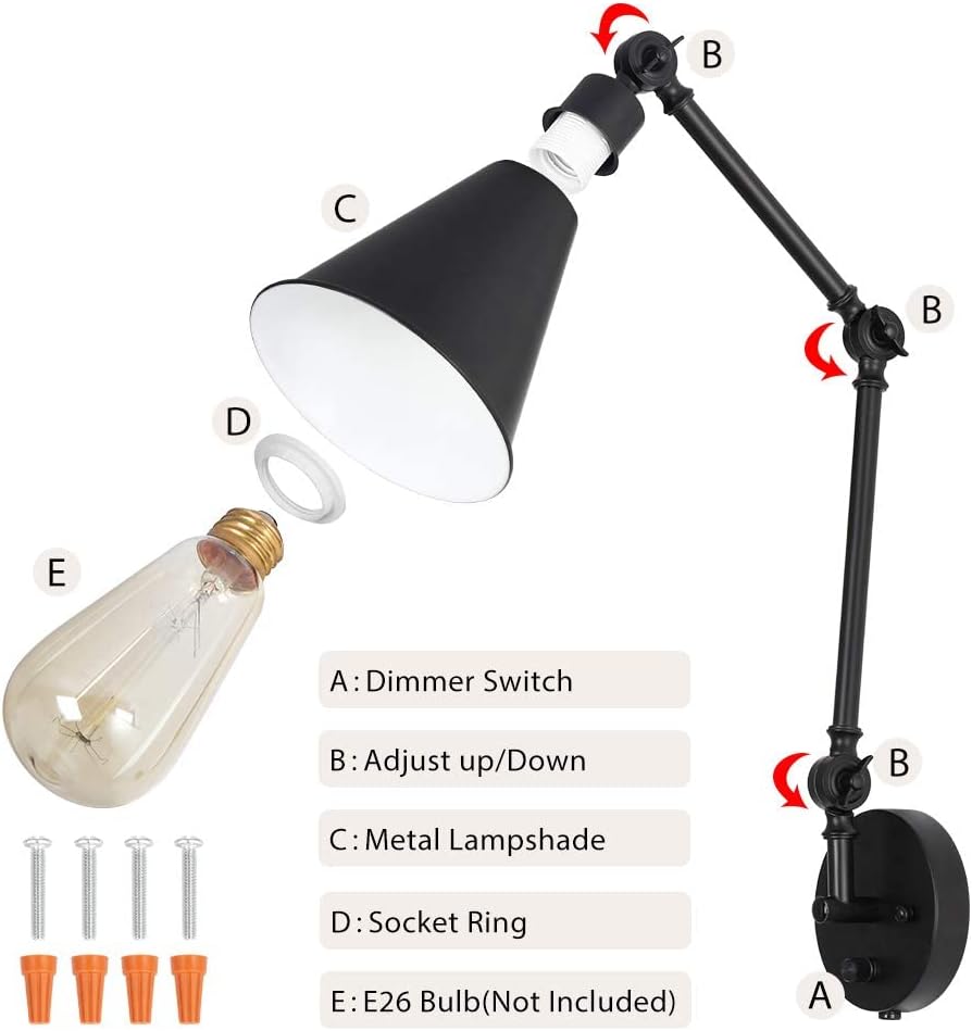 CADUKE Swing Arm Wall Lamp for Bedroom, Set of 2 Plug in Wall Light Fixture with Dimmable Switch