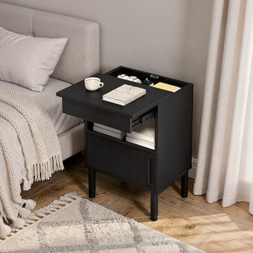 Small Nightstand with Gun Drawer, Bedside Table with Hidden Compartment, End Table with Storage, Night Stand for Bedroom, Office, Black ET22BB