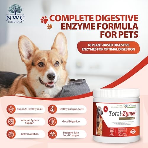 Total-Zymes Digestive Enzymes for Dogs and Cats, 8 oz. Powder | Unflavored Daily Powder, Mix 1 Scoop per Cup of Food, 16 Plant-Based Enzymes and Prebiotic Support Digestion and Absorption