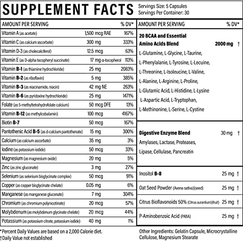 Sport Formula Daily Keto Superfood Multivitamin BCAA Amino Acid Powder Capsules for Men and Women. Won't Upset Your Stomach: Natural Vitamin B