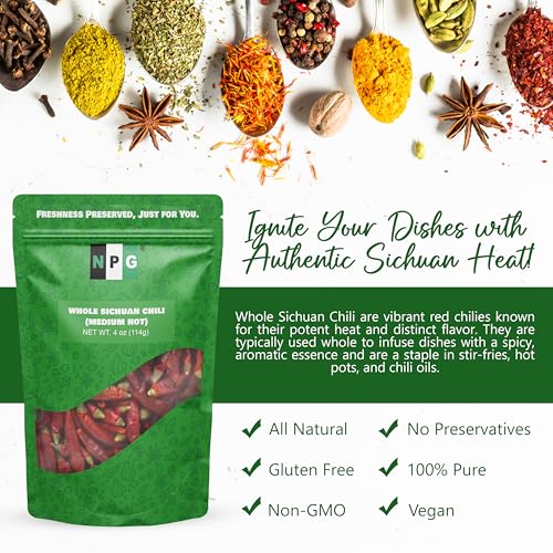 NPG Sichuan Dried Red Chili Peppers 4 Oz, Mild Hot, Whole Chili Peppers