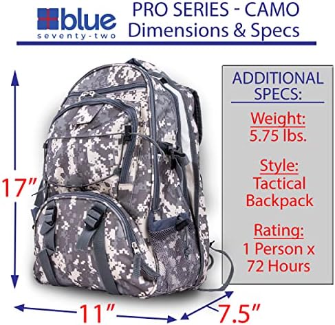 Blue Seventy-Two - Pro Series - Camo Deluxe 72 Hour Emergency Backpack Survival Kit for 1 Person | Survival Kit for Wildfires, Earthquakes, Tornado