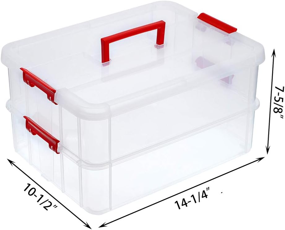 JUXYES 2-Tiers Plastic Stack Carry Storage Containers Box wih Handle Lids