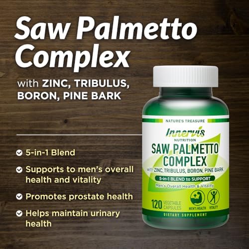 Prostate & Urinary Support for Men – 5-in-1 Saw Palmetto Complex with Zinc, Tribulus, Boron, Pine Bark – 120 Veggie Capsules
