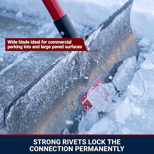 Heavy Duty Steel Snow Pusher - Extra Long Fiberglass D-Grip Handle, Durable Wide Metal Push Shovel for Driveways, Sidewalks & Parking Lots