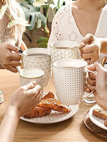 LE TAUCI Coffee Mugs 16 oz, Ceramic Mug Set, Embossment Cups for Latte, Hot Tea, Cappuccino, Mocha, Cocoa, Dishwasher Safe
