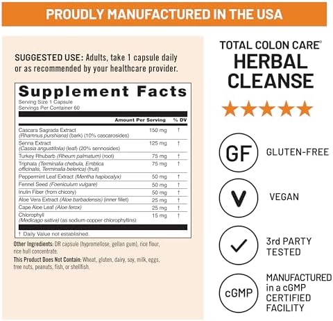Naturewise Total Colon Care Herbal Cleanse - With Prebiotics, Botanicals, & Antioxidants - for Regular Bowel Movement, Digestion, Gut Health - Vegan