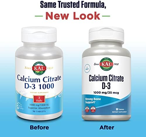 KAL Calcium Citrate Supplement with Vitamin D3 - 1000 IU Vitamin D3, Healthy Bone & Muscle Function Support for Men and Women, Quick Dissolving Tablets - 180 Count Tablets
