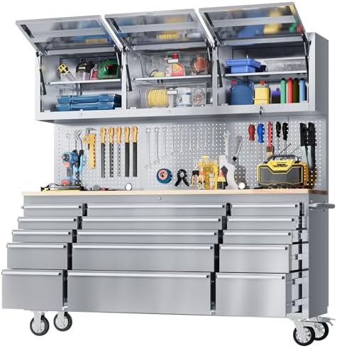 72" Heavy-Duty Rolling Tool Chest & Workbench with 15 Drawers, Steel Rubber Wood Top on Wheels, Key Locking System, Drawer Liners for Garage Warehouse Repair Shop, Black Storage Cabinet.