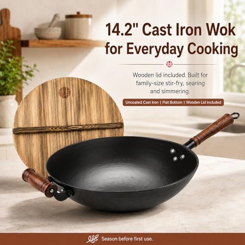 WANGYUANJI 12.6 Inch Cast Iron Wok with Wooden Lid, Handcrafted Flat Bottom Chinese Stir Fry Pan, Uncoated Heavy-Duty Iron Wok for Induction, Gas