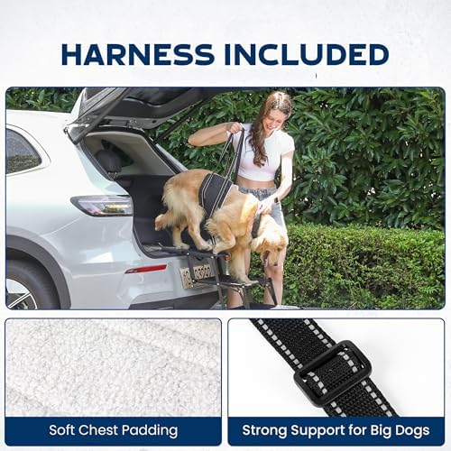 VERALUX 5 Step Foldable Dog Stairs for Large Dogs | Folding & Collapsible Dog Stairs for Car & SUV | Steps for Dogs to Get in Car | XL Lift Harness
