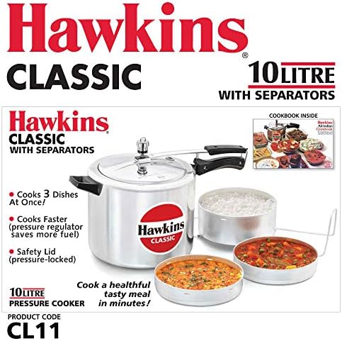 Hawkins 6.5 Litre Classic Pressure Cooker with Pots, Inner Lid Cooker with Separator Set, Silver (CL66)