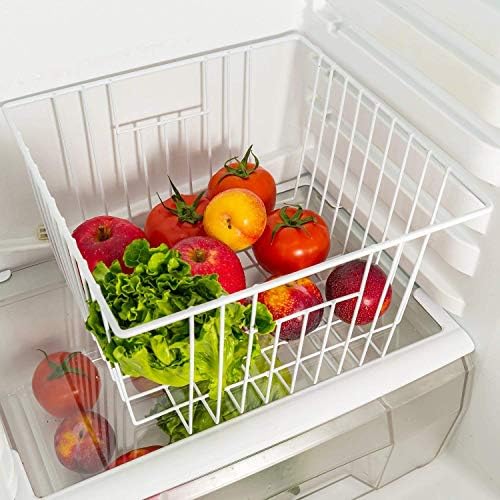 Freezer Organizer Bin, Kitchen Metal Wire Storage Basket, Pantry Cupboard Household Container Divider with Handles, Bathroom, Closet, Bedroom, Office