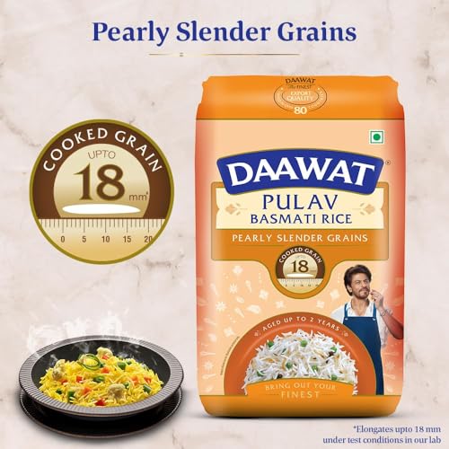 Daawat Pulav Basmati Rice | Naturally Aged Long & Slender Grains | Fluffy Non-Sticky Texture | Perfect for Pulav & Everyday Meals, 1 kg (2.2 lb)